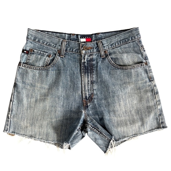 Vintage Y2K Tommy Hilfiger Flag Patch Denim Cutoff Freedom Jean Shorts - Picture 1 of 13